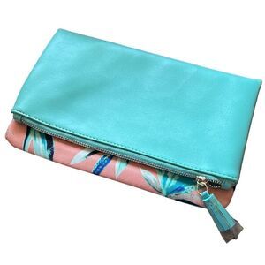 Clutch Purse‎ Foldover Floral Print Peach Teal Zip Casual Lightweight Bag